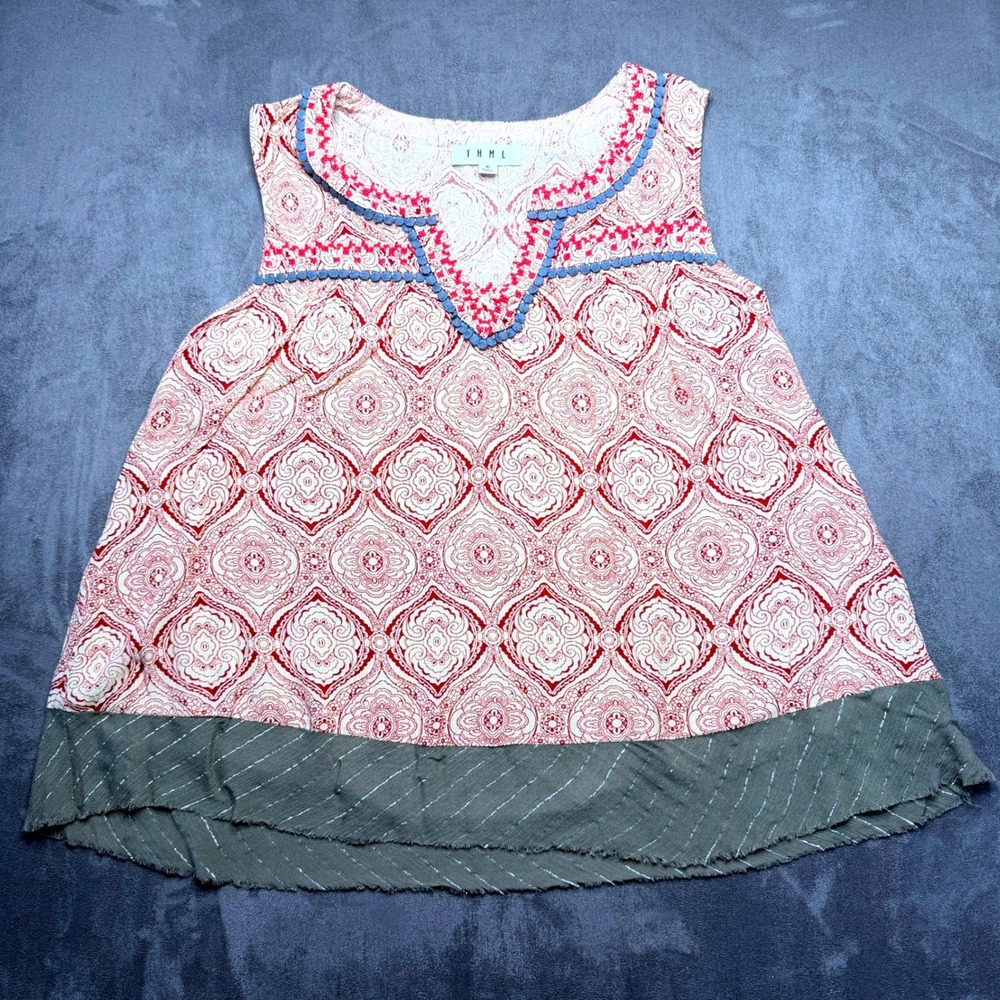 THML Tank Top Womens Sz M Multicolor Sleeveless V-Neck Raw Hem Top Boho Gypsy